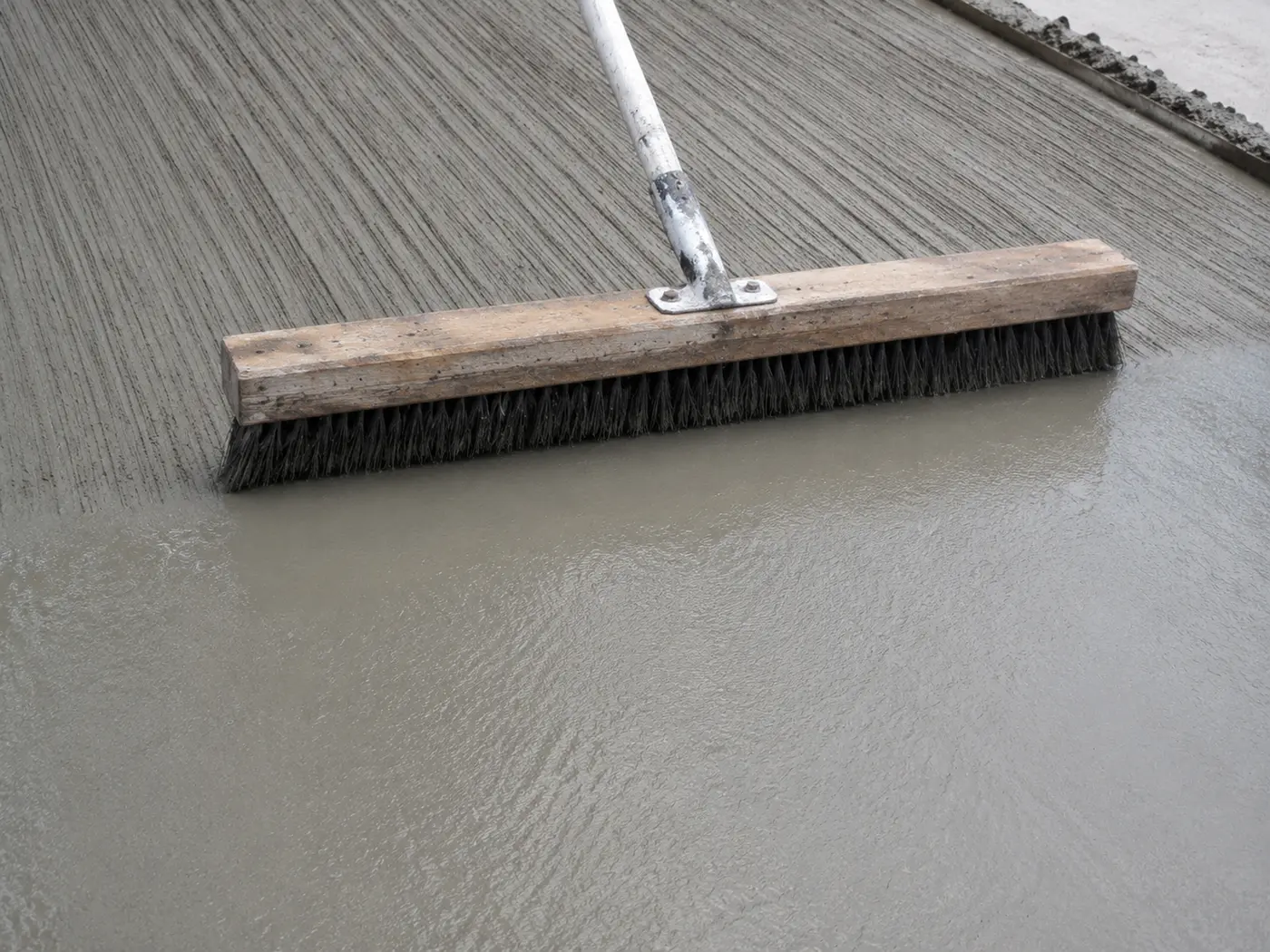 Horsehair concrete broom at the end of its pass leaving fresh striations on a floated slab