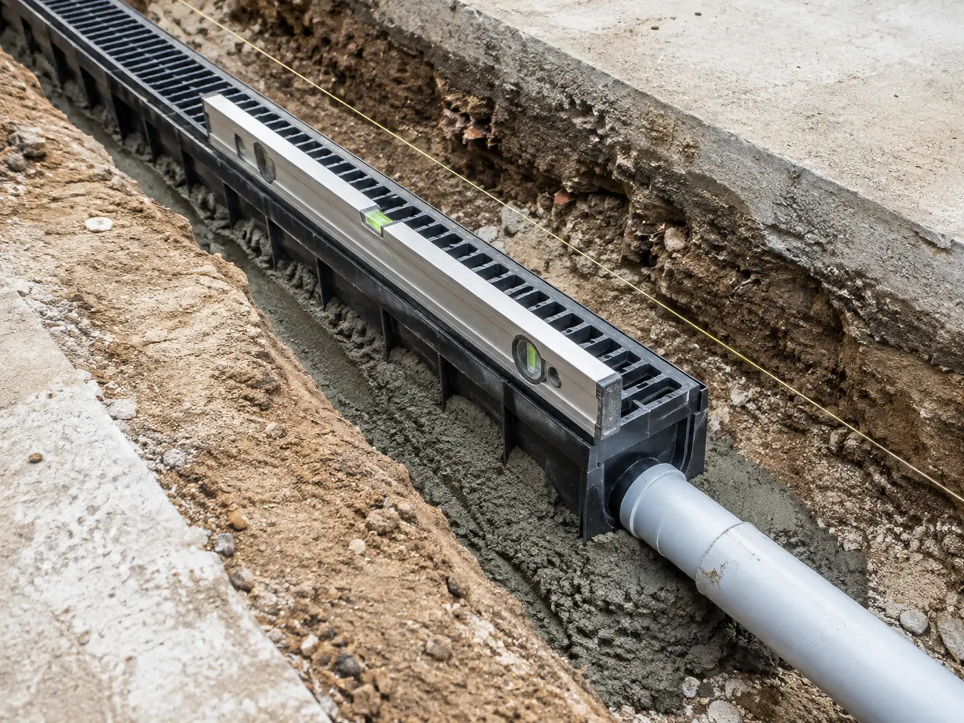 Polymer trench drain channel set on mortar bedding with the outlet pipe connected to fall