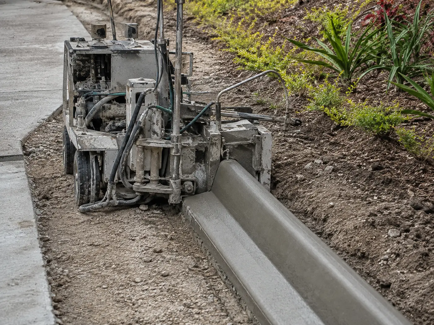 Curb-extruding machine at the end of a freshly laid run of continuous concrete landscape curb