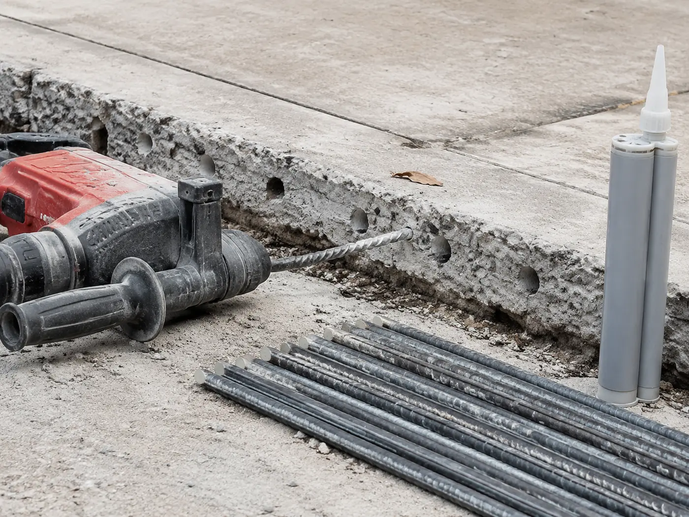 Hammer drill and epoxy-set rebar dowels laid out beside the saw-cut edge of an existing slab