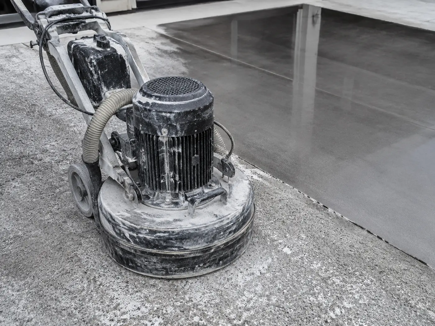 Planetary grinder with diamond pads and a polished pass trailing behind it on exterior concrete