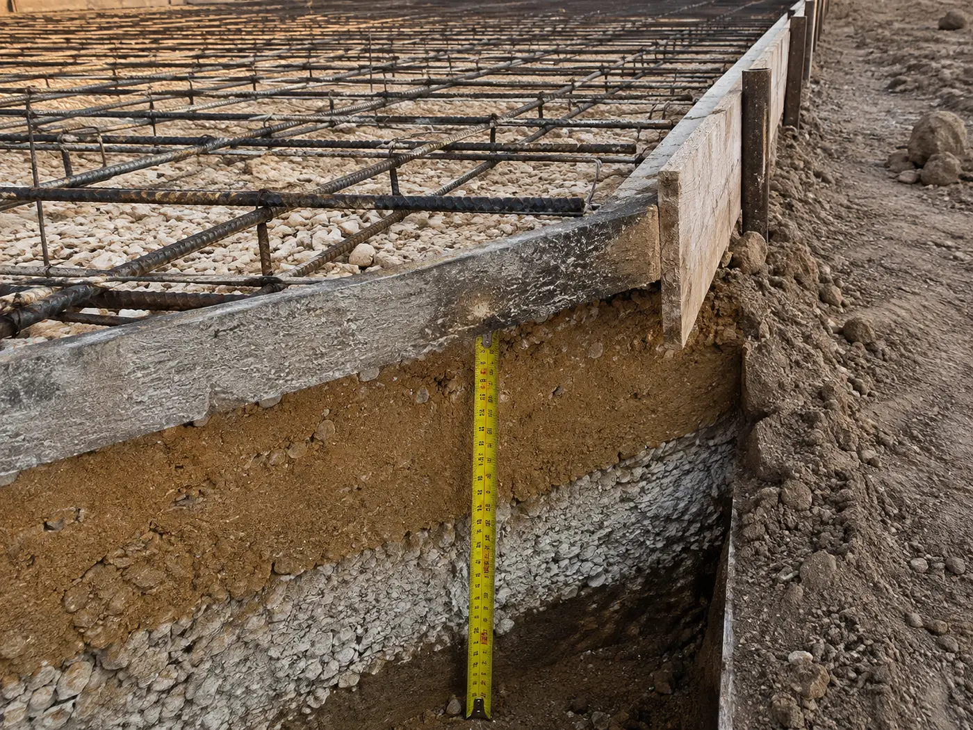Heavy #4 rebar grid on close centres over deep compacted limerock at a thickened RV pad edge